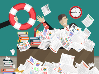 Businessman sticks out of a pile of papers. Another person is stretching a lifeline and wants to help. Helping Business to survive. Drowning businessman getting lifebuoy from another businessman