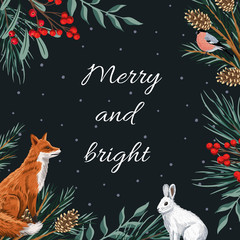Christmas fir branch,mistletoe, cone, fox, rabbit animal, bullfinch bird greeting card. Winter frame illustration.
