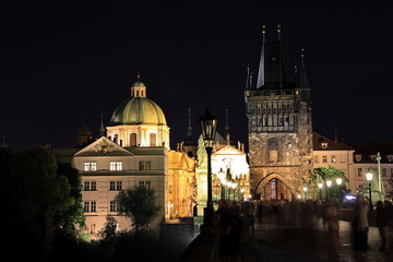Classic Prague - night view to old buildings and street ,  Czech Republic