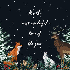 Christmas trees, red fox, white rabbit, deer, fir branch greeting card. Winter night forest illustration.