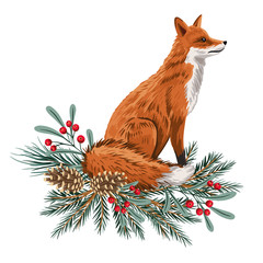 Cute red fox, pine branch, cones floral Christmas greeting card. Woodland animal winter illustration.