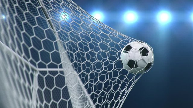 Soccer ball flies beautifully into the goal in slow motion. Soccer ball flies into the goal bending the grid on, ball rotating in slow motion. Moment of delight in football 3d 4k animation