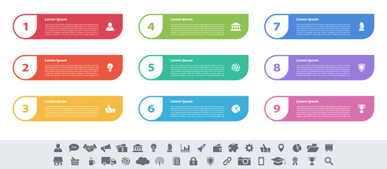 Infographic design business concept vector illustration with 9 steps or options or processes represent work flow or diagram or web button banner