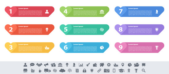 Infographic design business concept vector illustration with 9 steps or options or processes represent work flow or diagram or web button banner