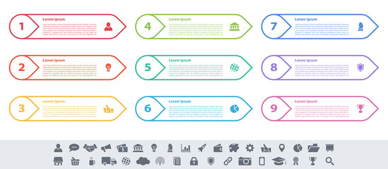 Infographic design business concept vector illustration with 9 steps or options or processes represent work flow or diagram or web button banner