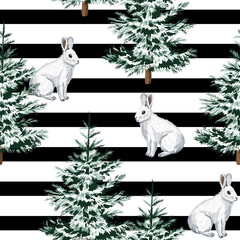 Christmas trees and white rabbit floral seamless pattern black and white striped background. Winter forest wallpaper.