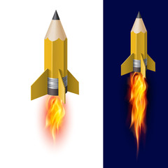 Yellow Pencil Rocket Ship with Fire. Isolated on White and Dark Blue Background. Flying Pencil Symbol of Knowledge and Inspiration Illustration