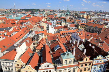 Fototapeta na wymiar Classic Prague - aerial view to old roof buildings and street , Czech Republic