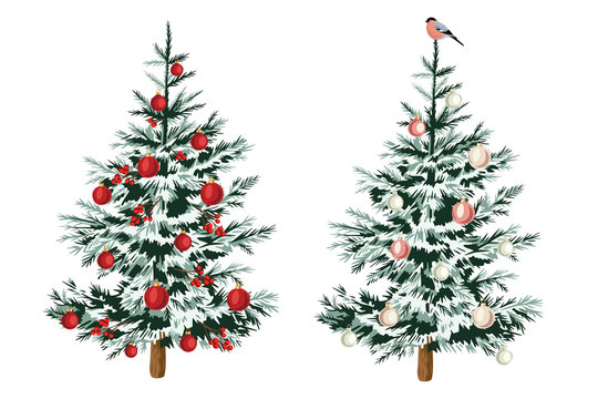 Christmas tree decor red and white balls winter woodland clip art.