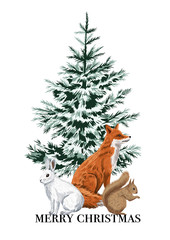 Christmas trees, red fox, white rabbit and squirrel greeting card. Merry Christmas winter illustration.