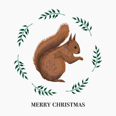 Squirrel and floral green wreath winter composition. Merry Christmas greeting card.