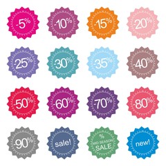 Retro stylized sale, new and mid season sale icons or tag stickers. Vector illustration isolated on white background