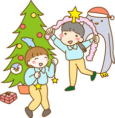 クリスマス　飾りつけ　準備　クリスマスツリー　プレゼント　女の子　2人　子ども　楽しい　仲良し