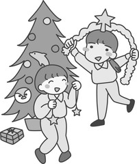 クリスマス　飾りつけ　準備　クリスマスツリー　プレゼント　女の子　2人　子ども　楽しい　仲良し