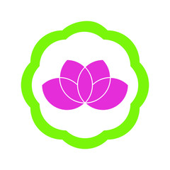 Vector pink lotus flower shape in a green frame. Simple graphic lotus logo or icon.