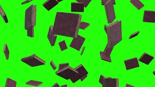 Rain of 3d old books with brown leather cover falling on green screen. Antiquarian texts on chroma key background. Concept on the theme of history,library,nostalgia,old age. Retro style. Close up view