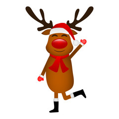 Funny reindeer in a scarf for christmas dancing isolated on a white background