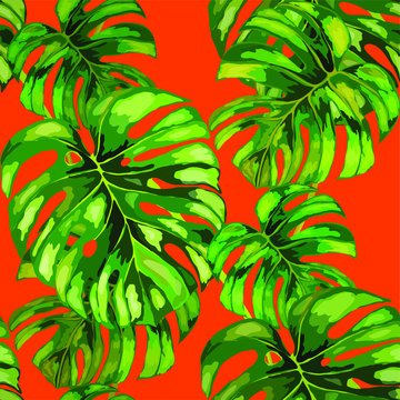 Seamless pattern with tropical leaves. Hand drawn exotic plants. Summer nature jungle print. Can be used for any kind of a surface design. Vector.