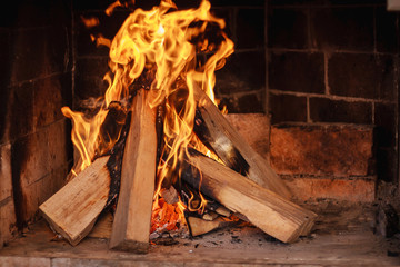 Burning firewood in the fireplace close up.