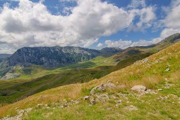 Fototapeta na wymiar Summer mountaine landscape with cloudy sky. Mountain scenery, National park Durmitor, Zabljak, Montenegro
