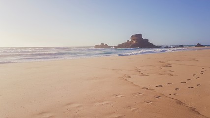 Praia da Castelejo, mysterious windy beach, which is difficult to reach, near Vila do Bispo, The Algarve, Portugal