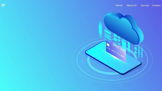 Mobile payment security isometric concept. Cloud data encryption services credit card.Web template design,video animation on blue background.