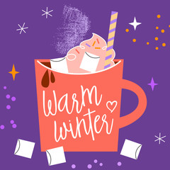 Cup of hot chocolate with marshmallows and whipping cream. Flat design elements. Violet background with snowflakes, stars and tinsel. Winter season illustration with handwritten text "warm winter"