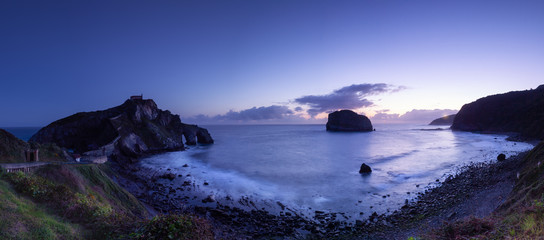 Panoramic sunrise view of San juan de Gaztelugatxe. Basque Country, Spain.