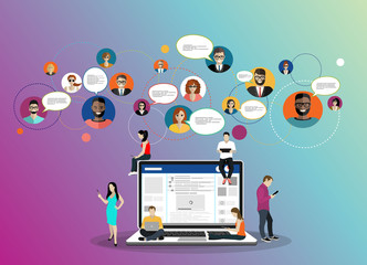 Social network web site surfing concept illustration of young people using mobile gadgets such as smartphone, tablet pc and laptop part of online community. Flat guys, women on big notebook