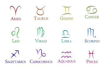 Set of the twelve zodiac signs and their names in all colors on a white background