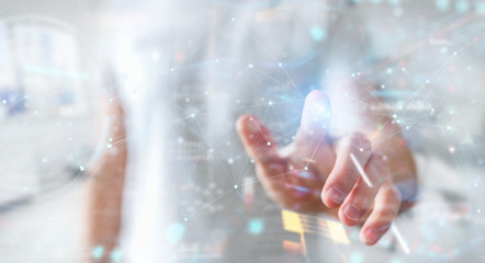 Businessman using floating digital network connections with dots and lines 3D rendering