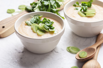 Potato leek soup, healthy vegan meal