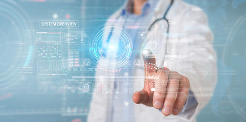 Scientist using digital technological interface with datas 3D rendering
