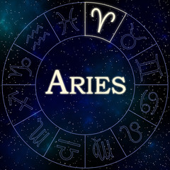 Enlightened symbol of the zodiac sign Aries in a wheel containing all the zodiac signs with stars and the universe in the background