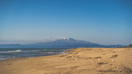 Fototapeta na wymiar Paggaio mountain tele photo from beach