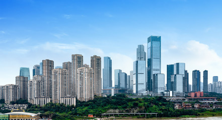 Fototapeta na wymiar Parks and dense modern buildings, Jiangbei New City, Chongqing, China.
