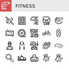Set of fitness icons such as Whistle, Billiard, Sport, Bike, Boxing gloves, Pool, Medical tape, Dance, Bicycle, Smartwatch, Swimmer, Skipping rope, Gymnast, Dancing , fitness