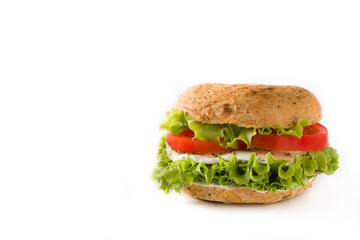 Vegetable bagel sandwich with tomato, lettuce, and mozzarella cheese isolated on white background