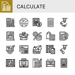 Set of calculate icons such as Calculator, Equator, Machinery, Data analytics, Data processing, Mathematics, Abacus , calculate