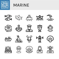 Set of marine icons such as Mackerel, Sardines, Shark, Yatch, Paper ship, Wave, Shell, Anchor, Captain, Cod, Diving helmet, Cargo ship, Dolphin, Lobster, Lighthouse, Ocean , marine