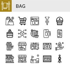 Set of bag icons such as Clothes line, Bag, Shopping cart, Online shop, Tee, Fertilizer, Handbag, Packet, Shopping, Wallet, Cold coffee, Online shopping, Trolley, First aid kit , bag