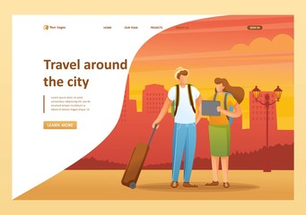 Friends travel around the city with an electronic map on a tablet. Flat 2D character. Landing page concepts and web design