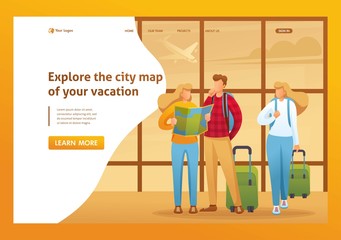 Explore the city map of your holiday, tourists explore the map at the airport. Flat 2D character. Landing page concepts and web design