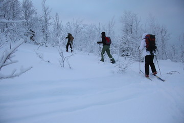 skiers in winter mountains