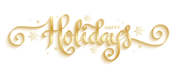 HAPPY HOLIDAYS gold vector brush calligraphy banner with snowflakes