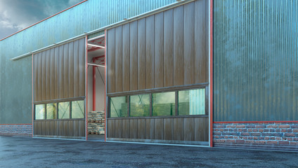 Hangar exterior with sectional gate. 3d illustration
