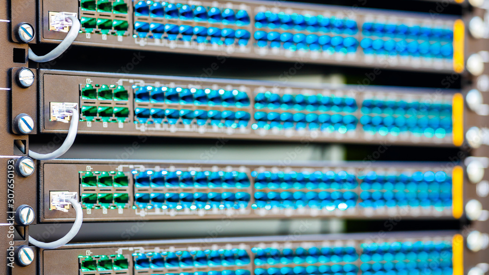 Poster Closeup of  colored computer network cables  connected to a  switch