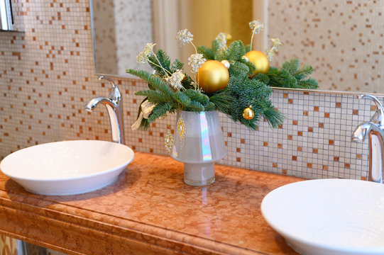 New minimal style designer elegant modern bathroom with Christmas decoration