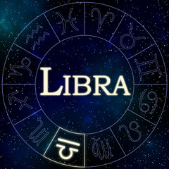 Enlightened symbol of the zodiac sign Libra in a wheel containing all the zodiac signs with stars and the universe in the background