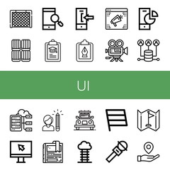 Set of ui icons such as Goal, Toffee, Smartphone, Clipboard, Login, Website, Video camera, Pie chart, Server, Screen, Pencil, Bookmark, Car, Flag, Microphone, Placeholder , ui